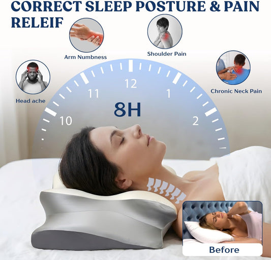 Ergonomic Cervical Neck Pillow for Neck Pain Relief, Side Sleeper Pillow, Orthopedic Pillow, Sleep Apnea Pillow, Cooling Cervical Neck Pillow, Butterfly Contour Pillow with Silk Cover & Travel Bag