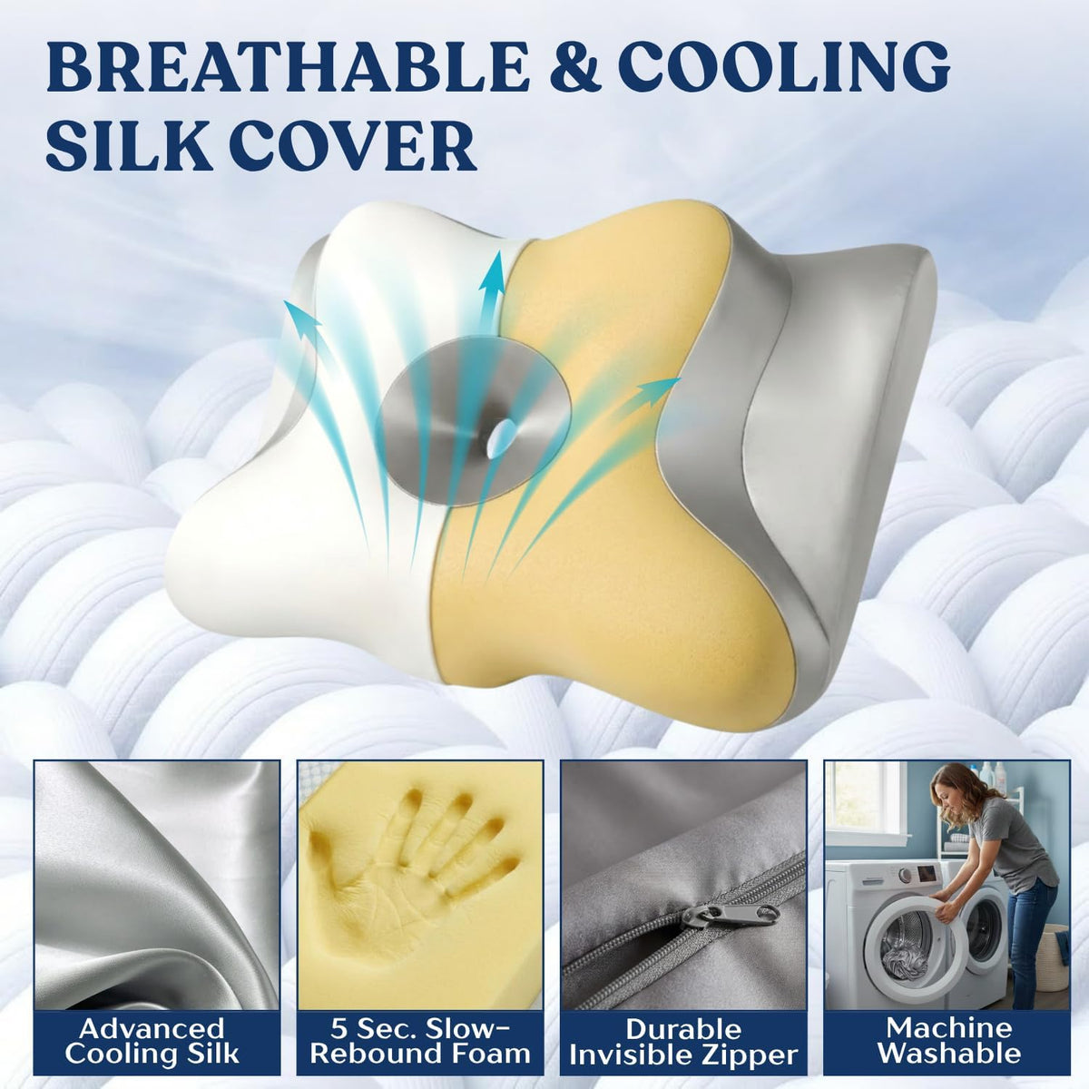Ergonomic Cervical Neck Pillow for Neck Pain Relief, Side Sleeper Pillow, Orthopedic Pillow, Sleep Apnea Pillow, Cooling Cervical Neck Pillow, Butterfly Contour Pillow with Silk Cover & Travel Bag