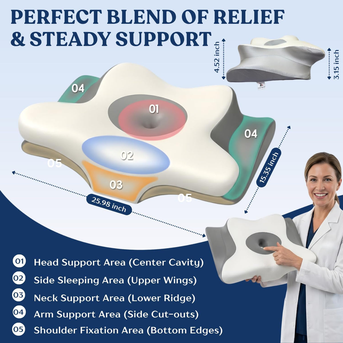 Ergonomic Cervical Neck Pillow for Neck Pain Relief, Side Sleeper Pillow, Orthopedic Pillow, Sleep Apnea Pillow, Cooling Cervical Neck Pillow, Butterfly Contour Pillow with Silk Cover & Travel Bag